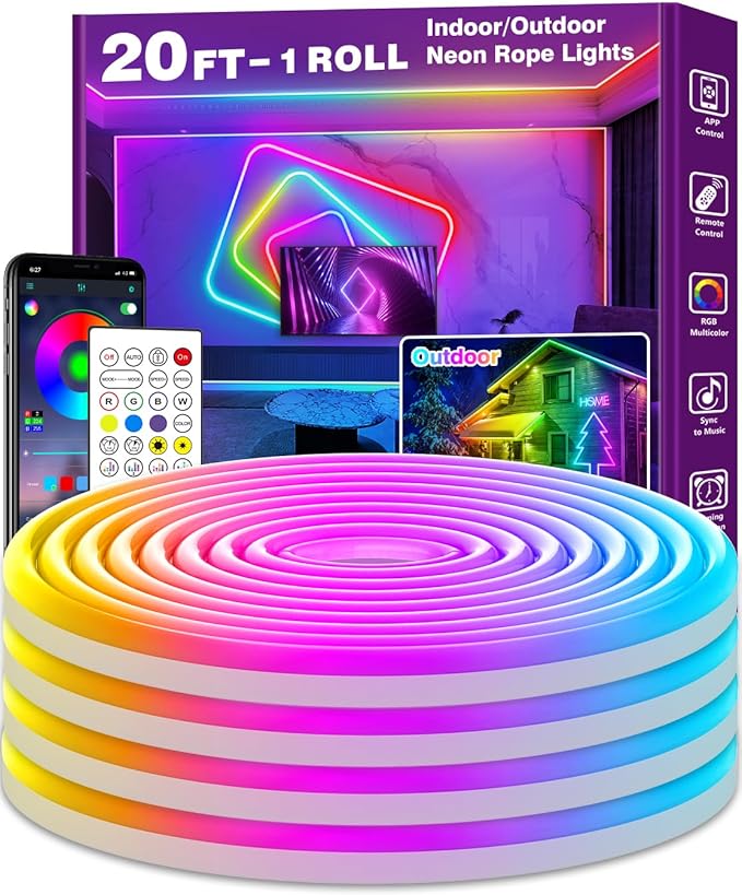 AILBTON 20Ft Neon Rope Lights,Flexible Led Rope Lights Control with App/Remote,Multiple Modes Rope Lights,IP65 Outdoor RGB Led Neon Light Waterproof,Music Sync Gaming