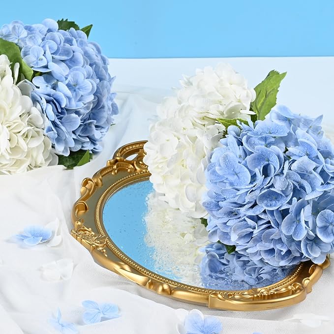 4Pcs Real Touch Hydrangea Artificial Flowers, Blue White Fake Hydrangea Flowers, 21" Lifelike Latex Faux Hydrangea Flowers for Wedding Bouquet Home Decor Centerpieces