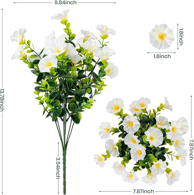 Artificial Faux Flowers for Outdoor 16 Bundles Boxwood Fake Morning Glory for Planter,UV Resistant Fake Flowers for Home Porch Patio Outside（White）