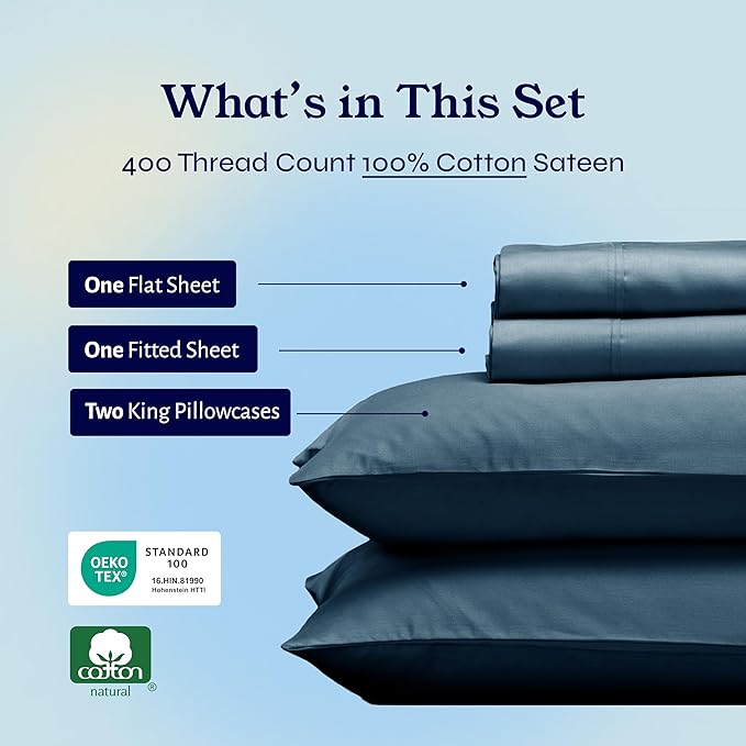 California Design Den King Bed Sheets Set - Soft 400 Thread Count Sateen, Natural 100% Cotton Sheets, Deep Pockets with All-Around Elastic for a Snug Fit, Cool & Durable Bedding Set - Peacock Blue