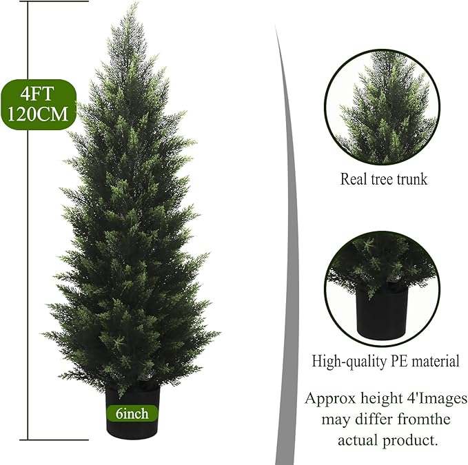 4FT Artificial Cedar Topiary Tree Lifelike Faux Cedar Pines Christmas Trees UV Rated Faux Shrubs Everygreen Plants for Front Porch Outdoor Decor Set of 2
