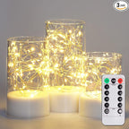 Homemory White Clear Flameless Candles with Remote, Embedded Twinkle String Lights in Acylinder Battery Pillar Candles, Unique Timer Fake Candles for Wedding Home Decor, 8 Mode Lights, Set of 3