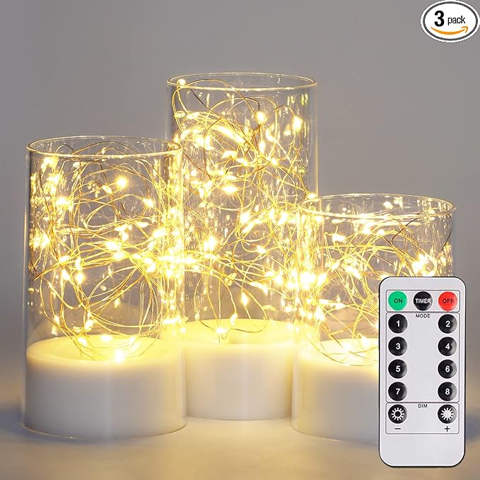 Homemory White Clear Flameless Candles with Remote, Embedded Twinkle String Lights in Acylinder Battery Pillar Candles, Unique Timer Fake Candles for Wedding Home Decor, 8 Mode Lights, Set of 3