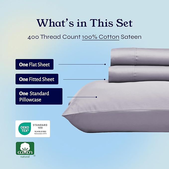 California Design Den Soft Twin Sheets Set - 400 Thread Count Sateen, Natural 100% Cotton Sheets, Deep Pockets, Cooling and Durable Bedding Set for Dorm Rooms & Adults - Dusky Lavender Grey