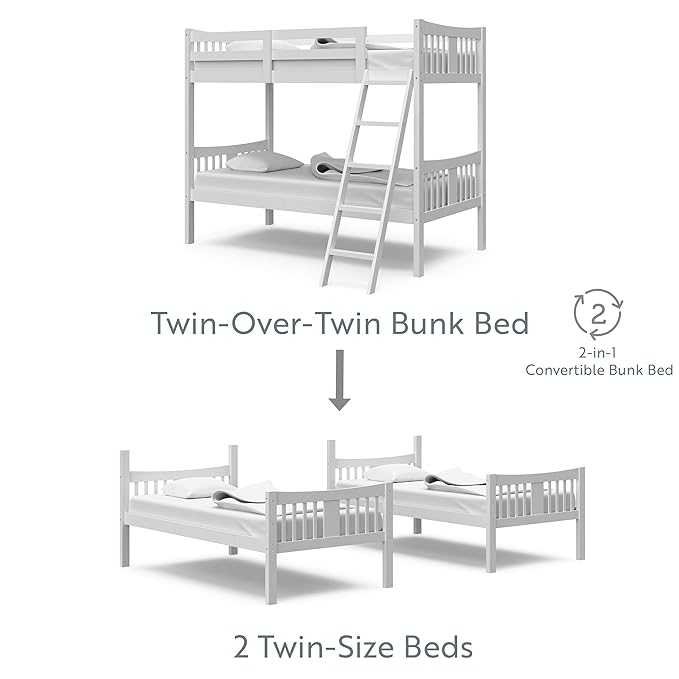 Storkcraft Caribou Bunk Bed Twin Over Twin Bunk Bed (White) - GREENGUARD Gold Certified, Twin Bunk Beds for Kids, Converts to 2 Individual Twin Beds, Bunk Beds for Kids