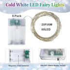 6 Pack Christmas Fairy Lights Battery Operated with Timer, Each 20FT 60LED String Lights Outdoor Indoor, Cuttable Battery Twinkle Light for Bedroom Home Wedding DIY Christmas Decorations (Cool White)