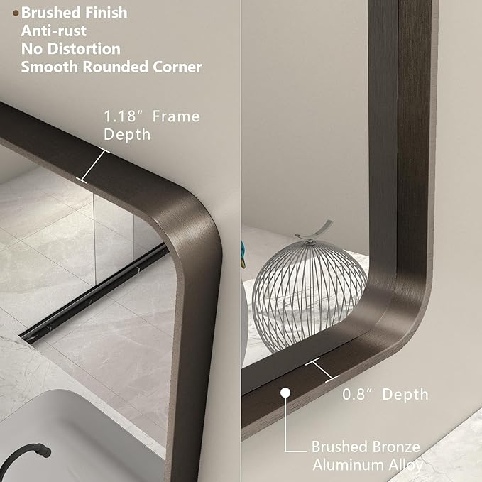 40x30 Bronze Brushed Bathroom Mirror for Wall, Brushed Metal Framed Bathroom Vanity Mirror, Modern Rectangle Mirror, Rounded Corner, Shatterproof, Anti-Rust (Horizontal/Vertical)