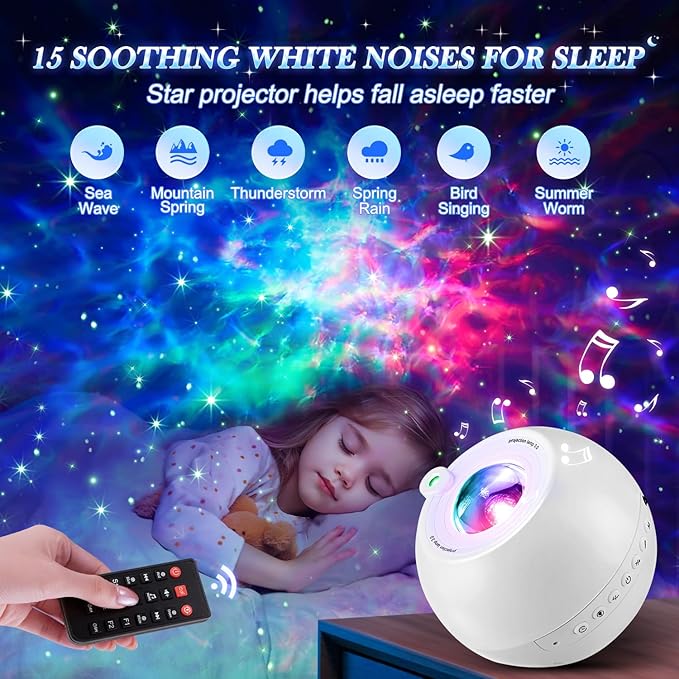 Star Projector, 15 Sounds & 15 Colors & Bluetooth Speaker, Galaxy Light Projector for Bedroom, Star Lights for Ceiling Projector, Kids Night Light