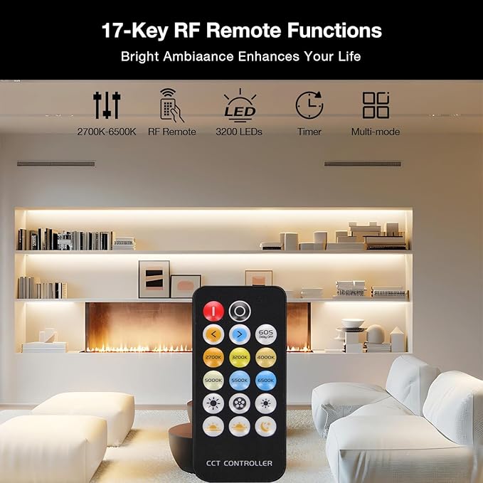 COB LED Strip Lights, Tunable White 2700K-6500K COB Light Strip with RF Remote, 3040 LEDs, CRI90+, 24V Adapter, Dimmable High Density Uniform LED Lights for Bedroom, Kitchen, Cabinet, 16.4ft