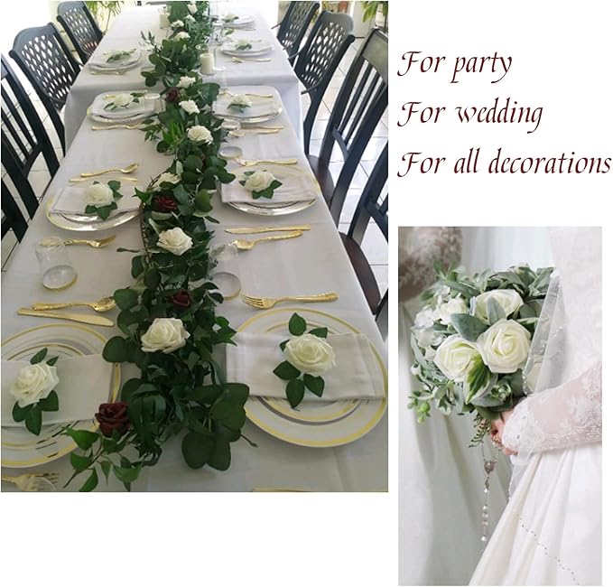 25 PCS Ivory Artificial Flowers Fake Roses with Stem, Fake Rose for Crafts Bouquets for DIY Wedding Decorations Centerpieces Arrangements Party Home Cofe Decor