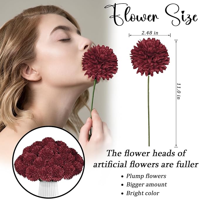 36 Pcs Burgundy Artificial Chrysanthemums Flowers Red Fake Mums Silk Ball Flowers for Fall Home Decor Wedding Table Centerpiece Christmas Floral Arrangements (Burgundy)