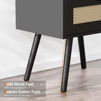SUPERJARE Nightstand with Charging Station & Rattan-Like Decor Drawer, Rattan End Table with Solid Wood Feet, Bed Side Table with Open Storage, for Bedroom, Living Room, Dormitory - Black