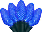 C7 LED Faceted Blue Prelamped Light Set, Green Wire - 25 C7 Blue LED Christmas Lights, 8" Spacing