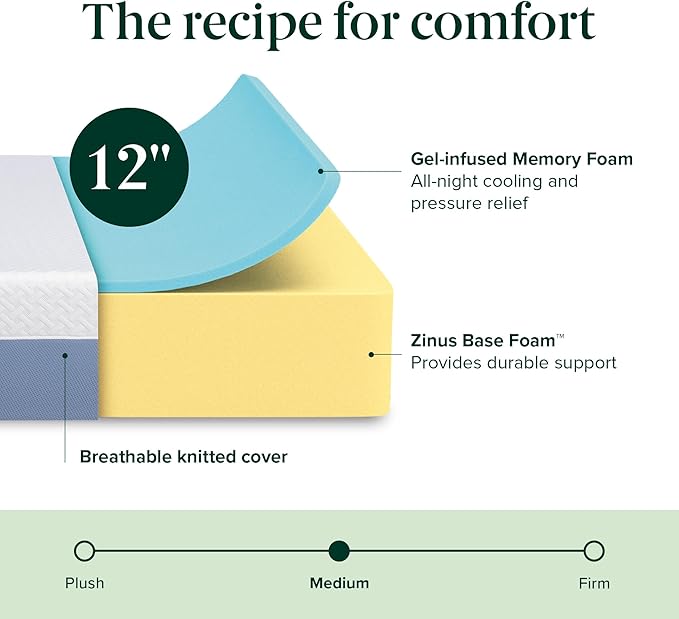 ZINUS 12 Inch Twin Cooling Essential Memory Foam Mattress [NewVersion], Fiberglass Free, Medium Feel, Breathable Cooling Layers, Certified Safe Materials