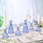 6 Pcs Blue Glass Candlestick Holders (3.5"/6", Assorted)- Tall Taper Candle Holders with Vintage Design, Candle Stick Holders in Bulk for Party Decorations, Blue Candle Holder for Tapered Candles