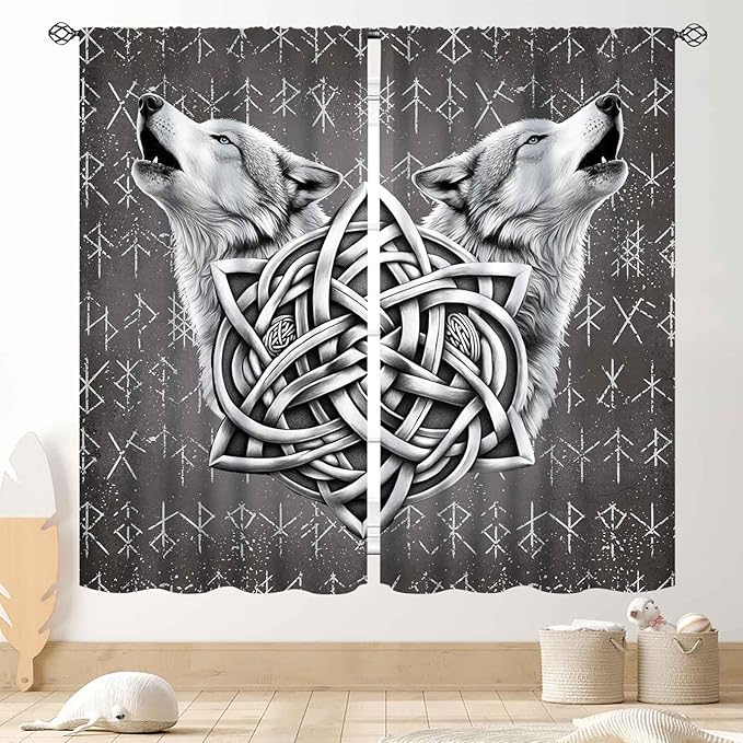 Viking Curtains, Gothic Nordic Wolf Celtic Rune Scandinavian Viking Runes Norse Mythology Aesthetic Retro Drapery for Bedroom Living Room Bathroom Window 2 Panel Set, 55"x63" Inch