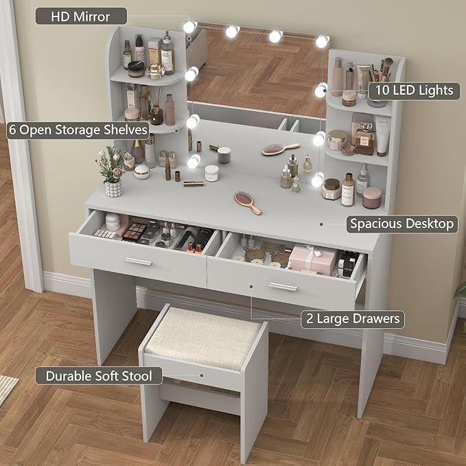 usikey Vanity Desk, Makeup Vanity Table with 10 LED Light Bulbs, Vanity Table, Vanity Desk Set with 2 Drawers, 6 Storage Shelves & Cushioned Stool for Women Girls, Bedroom, Grey