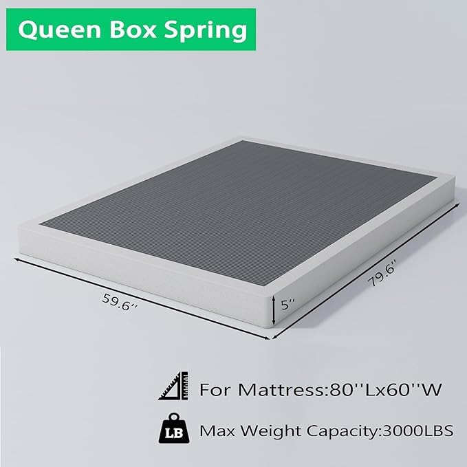 ALDRICH 5 Inch Heavy Duty Metal Box Spring Mattress Foundation 3000lbs Max Weight Capacity/Non-Slip/No Noise/Easy Assembly/Easy Clean Cover,Queen