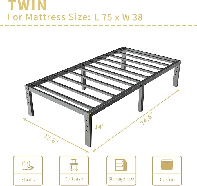 ALDRICH 14 Inch Metal Twin Bed Frame - Single Black Basic Steel Slats Platform, Easy Assembly Heavy Duty Noise Free Bedframes, No Box Spring Needed