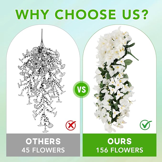 Artificial Bougainvillea Flowers for Outdoor Plant,2 pcs Faux Hanging Flowers Bougainvillea for Outside Decoration,Fake Silk UV Resistant Vines for Front Door Porch(White)