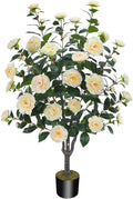 3.6FT Artificial Camellia Fake Tree, Artificial Plants & Flowers with 32 Yellow Pink Flowers for Door Front Decoration Porch Patio Living Room Office Indoor Outdoor Decoration (Contains Dried Moss)