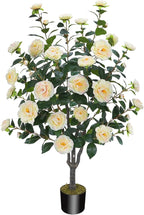 3.6FT Artificial Camellia Fake Tree, Artificial Plants & Flowers with 32 Yellow Pink Flowers for Door Front Decoration Porch Patio Living Room Office Indoor Outdoor Decoration (Contains Dried Moss)