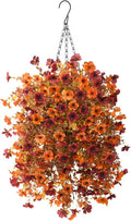 Artificial Faux Fall Hanging Flowers Plants Basket for Fall Outdoor Decoration,Fake Silk Orange Mums planters UV Resistant Look Real for Home Porch Patio Yard Outside Autumn Decor (Brown Orange)