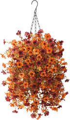 Artificial Faux Fall Hanging Flowers Plants Basket for Fall Outdoor Decoration,Fake Silk Orange Mums planters UV Resistant Look Real for Home Porch Patio Yard Outside Autumn Decor (Brown Orange)