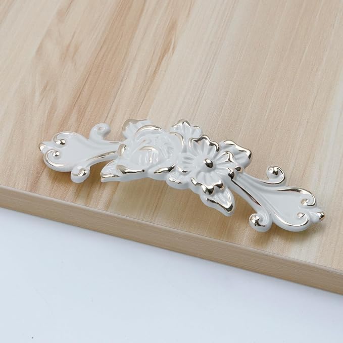 2Pcs Euro Rose Decorative Cabinet Pull Handles Ivory Drawer Pull Handles Vintage Kitchen Zinc Alloy Flower Drawer Dresser Vanity Nightstand Cupboard Wardrobe Pull Handles, 3.78" Hole Center