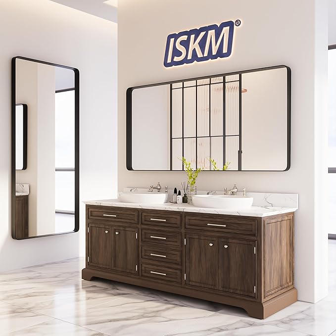 ISKM Black Framed Mirror for Wall 84"x 32", Large Bathroom Mirror Anti-Rust, Tempered Glass, Rounded Rectangle Mirror(Horizontal/Vertical)