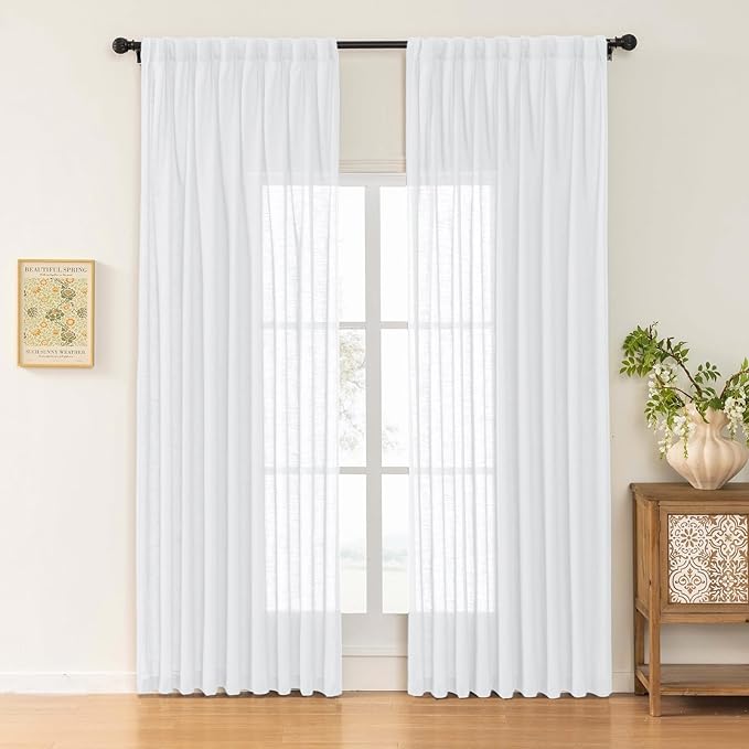 White Sheer Linen Pinch Pleated Sliding Door Curtains, 2x50 Inches Width, Cotton Look Light Filtering Drapes 84 Inches Long, Soft Textured Modern Farmhouse Window Curtain Panels