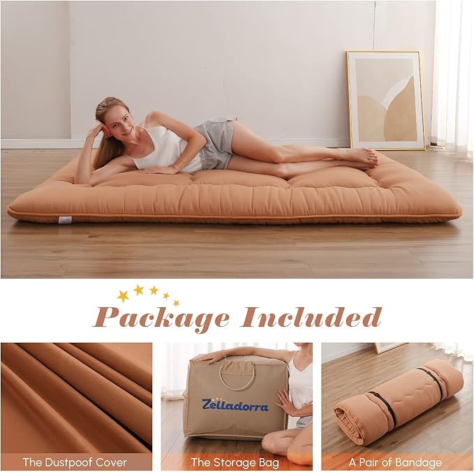 Japanese Floor Mattress, Futon Mattress with Portable Storage Bag and Washable Cover, Roll Up Thick Tatami Mat Suitable for Camping, Guest Room, Light Coffee, Twin