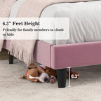 Allewie King Platform Bed Frame/Velvet Upholstered Bed Frame with Vertical Channel Tufted Headboard/Strong Wooden Slats/Mattress Foundation/Box Spring Optional/Easy Assembly/Pink