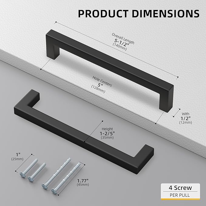 goldenwarm 30 Pack 5 Inch Black Cabinet Handles Matte Black Drawer Pulls Stainless Steel Cabinets Hardware Square Bar Modern for Kitchen Bathroom Cupboard