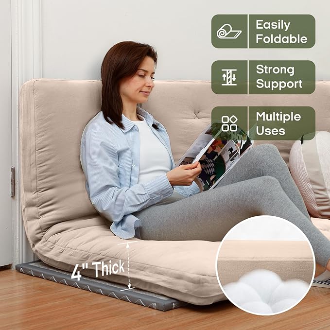 ZonLi Japanese Floor Futon Mattress Full Size 75"x 54", 100% Cotton Cover 4'' Thicken Tatami Mattress, Foldable Sleeping Pad, Portable Dormitory Tatami Mat, Roll Up Floor Lounger Bed for Adult (Khaki)