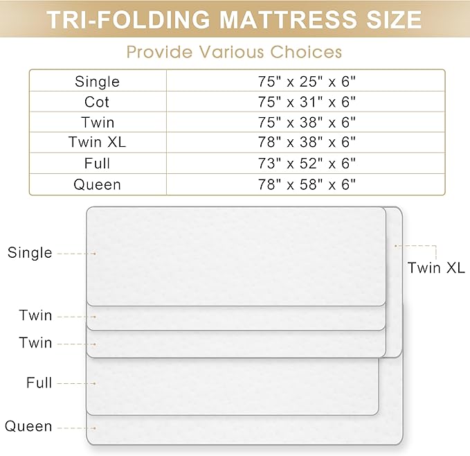 Folding Mattress, 6 Inch Memory Foam Tri-fold Mattress with Breathable & Washable Bamboo Fiber Fabric Cover, Foldable Guest Bed for Camping, Road Trip, Queen