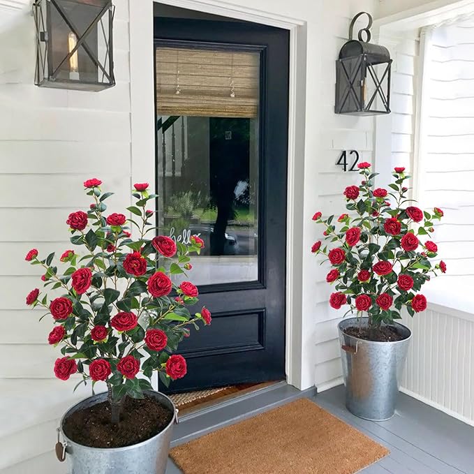 3.6FT Artificial Camellia Fake Tree, Artificial Plants & Flowers with 32 Red Flowers for Door Front Decoration Porch Patio Living Room Office Indoor Outdoor Decoration (Contains Dried Moss)
