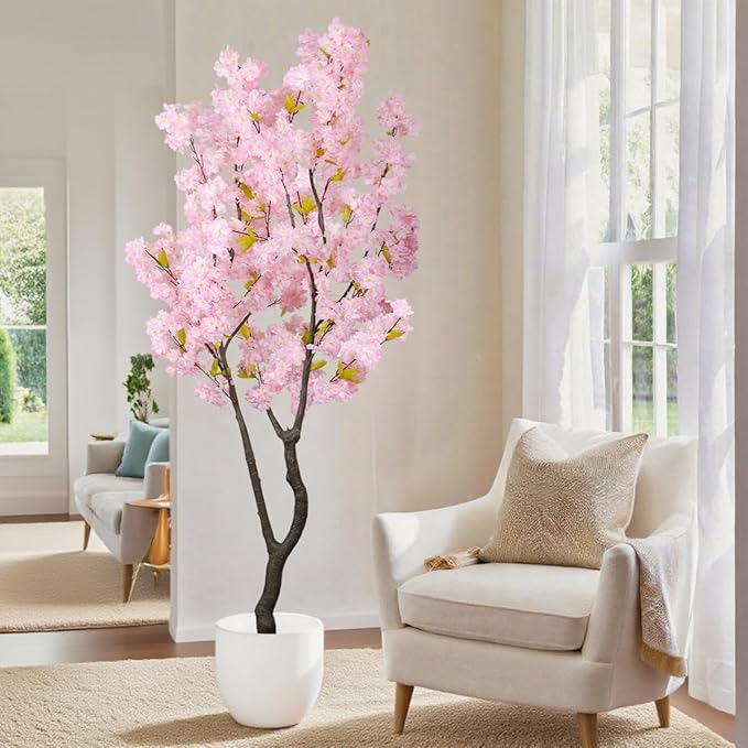 6.56ft Tall Pink Artificial Cherry Blossom Tree Decor, Fake Silk Flower Plant Indoor, Sakura Tree Realistic Faux Cherry Tree for Home Living Room Front Door Office