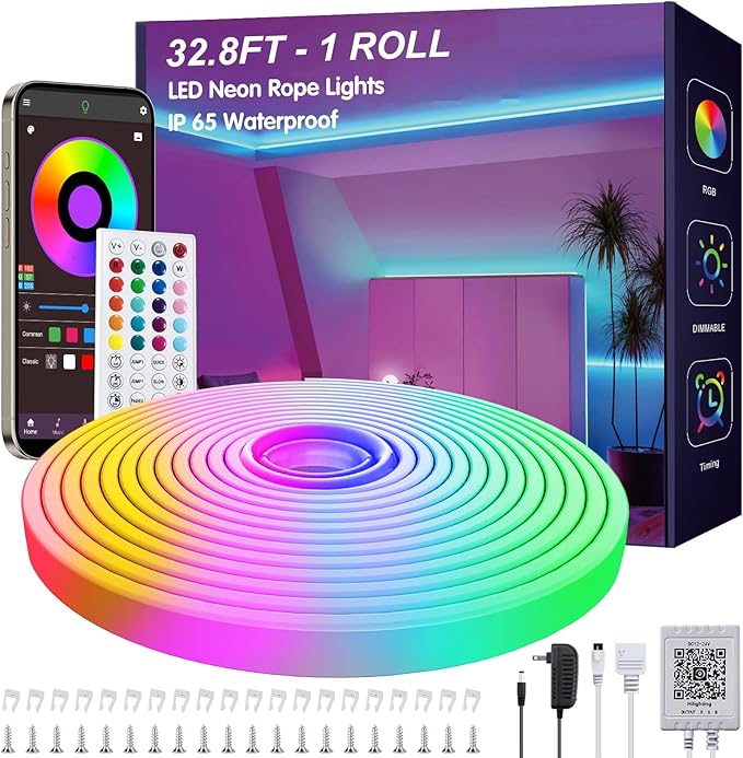 32.8ft LED Neon Rope Lights with App and Remote Control, IP65 Waterproof Neon Strip Lights for Outdoor Indoor, DIY Design Flexible Led Rope Lights for Bedroom, Living, Gaming, Party Decor