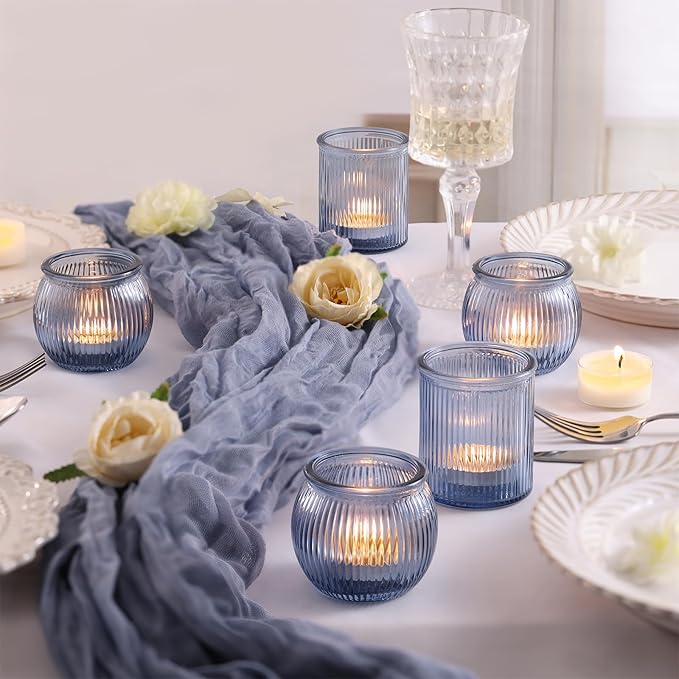 24pcs Assorted Blue Votive Candle Holders for Wedding Decorations, Ribbed Tea Lights Candle Holder Glass, Blue Candle Holders for Table Centerpiece, Party and Holiday Decorations