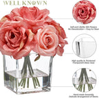 WELL KNOWN Rose Artificial Flowers in Vase with Faux Water, Silk Rose Table Centerpieces for Home Coffee Table Decor, Bean Pasty Pink Fake Roses Flower Arrangements for Office Hotel Lavatory Wedding