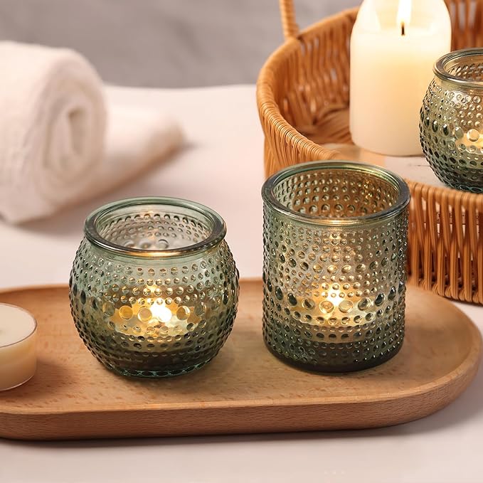 40 Pcs Assorted Green Votive Candle Holders Bulk- Glass Tealight Candle Holder for Wedding Table Decor, Green Candle Holders for Christmas, Vintage Party Table Decor