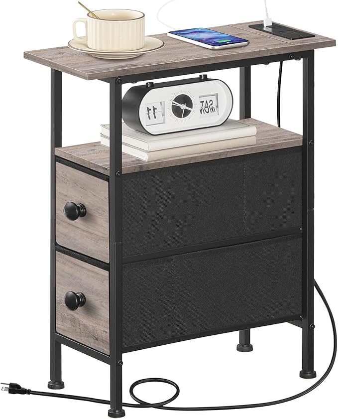 HOOBRO End Table with Charging Station, Narrow Side Table with 2 Fabric Drawers, Skinny Nightstand with Storage, Slim Bedside Table for Living Room, Small Spaces, Greige and Black BG487UBZ01
