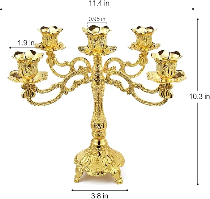 5-Candle Metal Candelabra 10.3 Inch Tall Candlestick Candle Holders for Home Decor Wedding Christmas Church Halloween Party, Gold Tulip