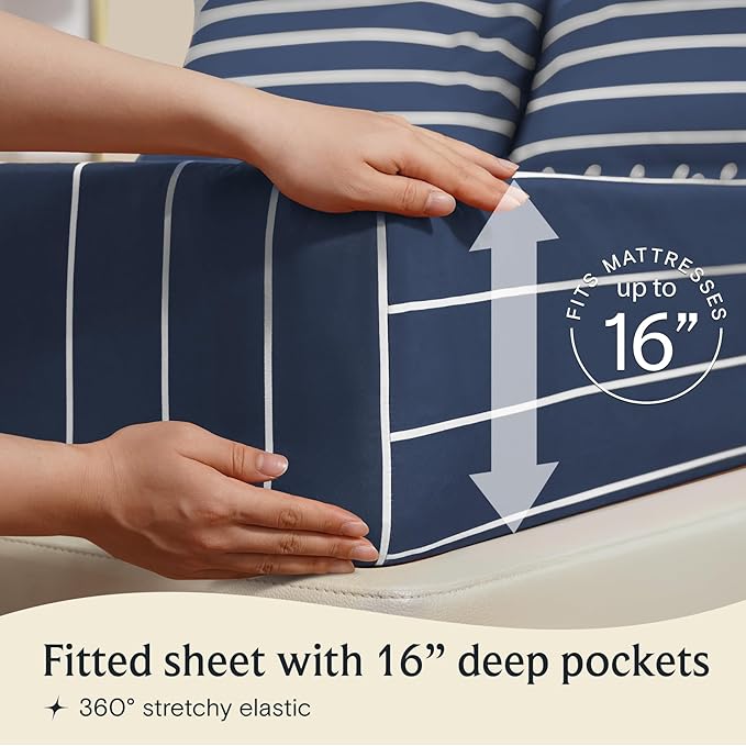 LuxClub 4 PC Full Size Sheet Set Bed Sheets, Breathable Luxury Deep Pockets Wrinkle Free Cooling Sheets Machine Washable Hotel Bedding (Full, Striped Navy)