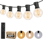 50FT Outdoor String Lights with 3 Color Lights, Dimmable G40 Globe String Lights for Outside with Remote, Waterproof Patio Lights with 25+1 Shatterproof Bulbs for Wedding Party Backyard Home Christmas