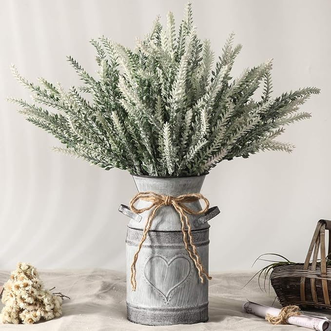 Artificial Lavender Flowers with Vase,Fake Lavender Plant Artificial in Metal Vase for Kitchen Counter Rustic Farmhouse Decor (Heart,White)