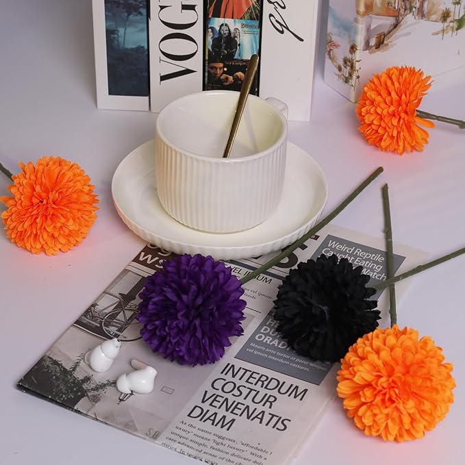 36 Pcs Halloween Artificial Flowers Halloween Chrysanthemums Ball Silk Flowers Black Orange Purple Fake Hydrangea for Halloween Party Home Table Centerpieces Vase Decor