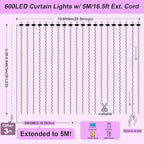 600LED Purple Curtain Lights for Bedroom, 19.6ft x 9.8ft Fairy Curtain String Light with 24 Hooks, 8 Modes Hanging Lights for Wedding, Party, Backdrop, Window, Xmas Decor