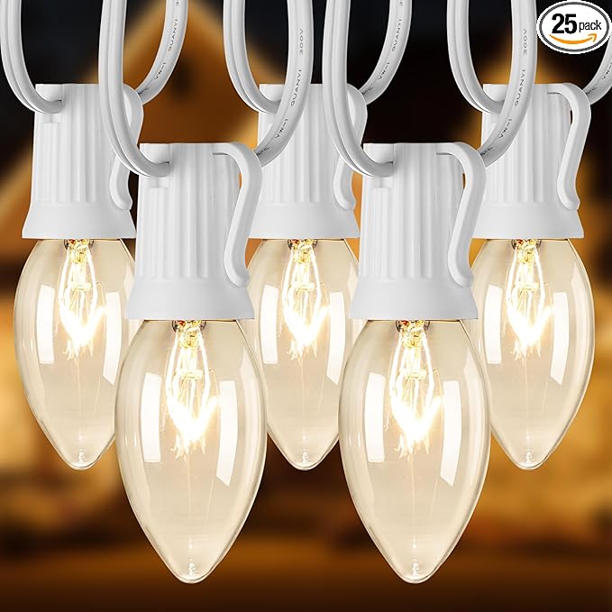 25 Feet C9 Bulb String Lights Outdoor White Christmas Lights for Outdoor Patio Room Christmas Party Backyard Decoration,Warm White, Clear Glass